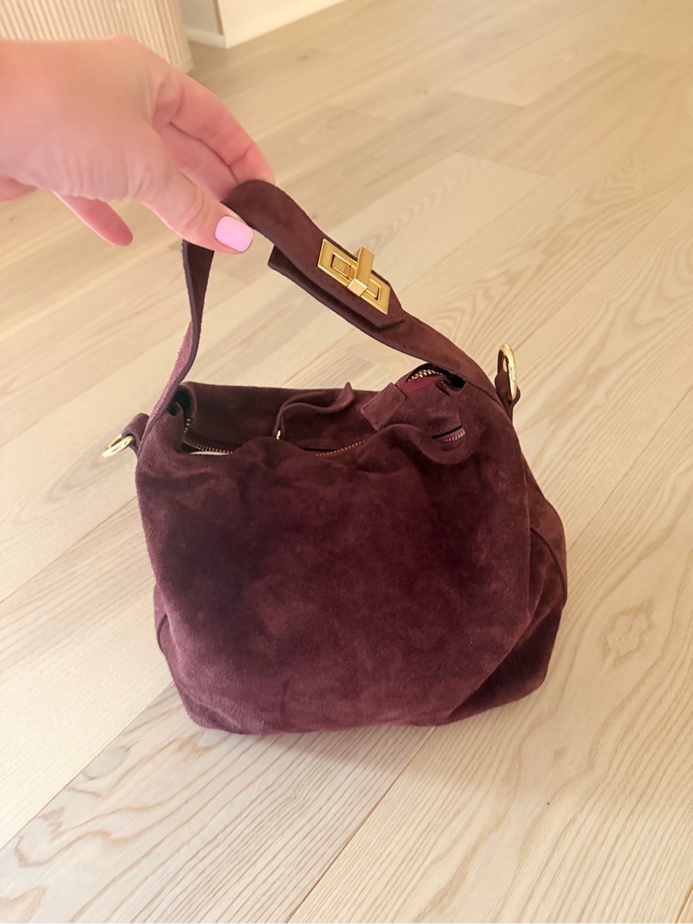 VIOLA CASTELLANI SMALL FOLDED HANDLE SATCHEL BURGUNDY SUEDE - Picture 9 of 13